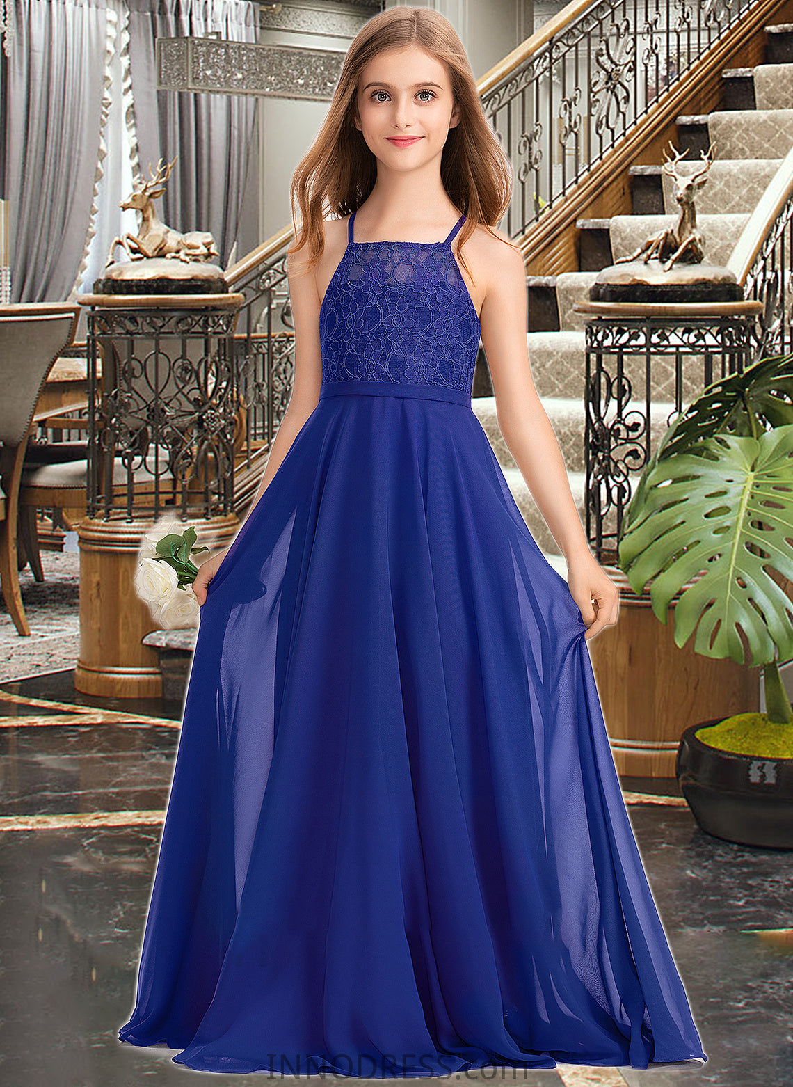 Cailyn A-Line Square Neckline Floor-Length Chiffon Lace Junior Bridesmaid Dress DPP0013457