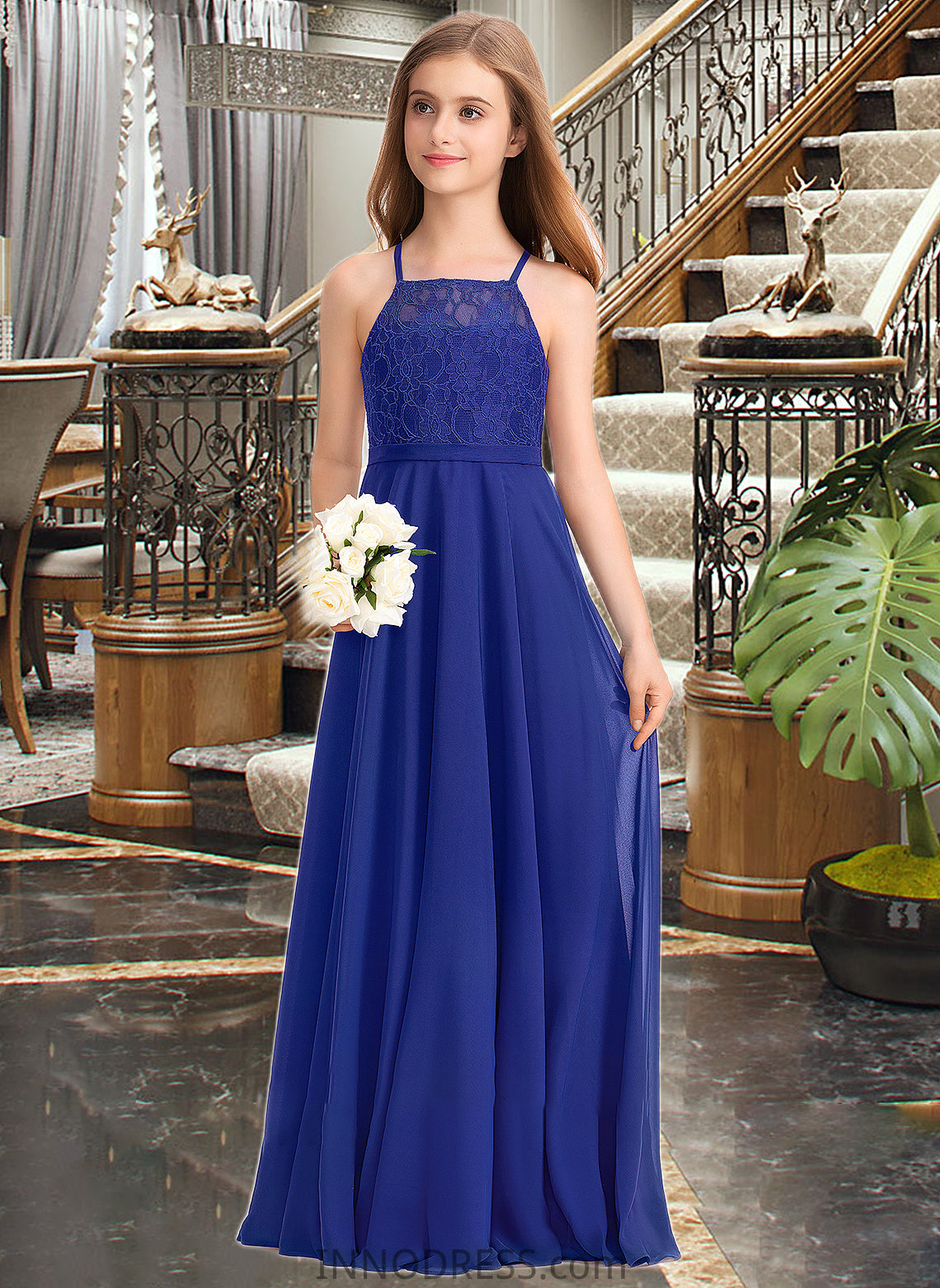 Cailyn A-Line Square Neckline Floor-Length Chiffon Lace Junior Bridesmaid Dress DPP0013457