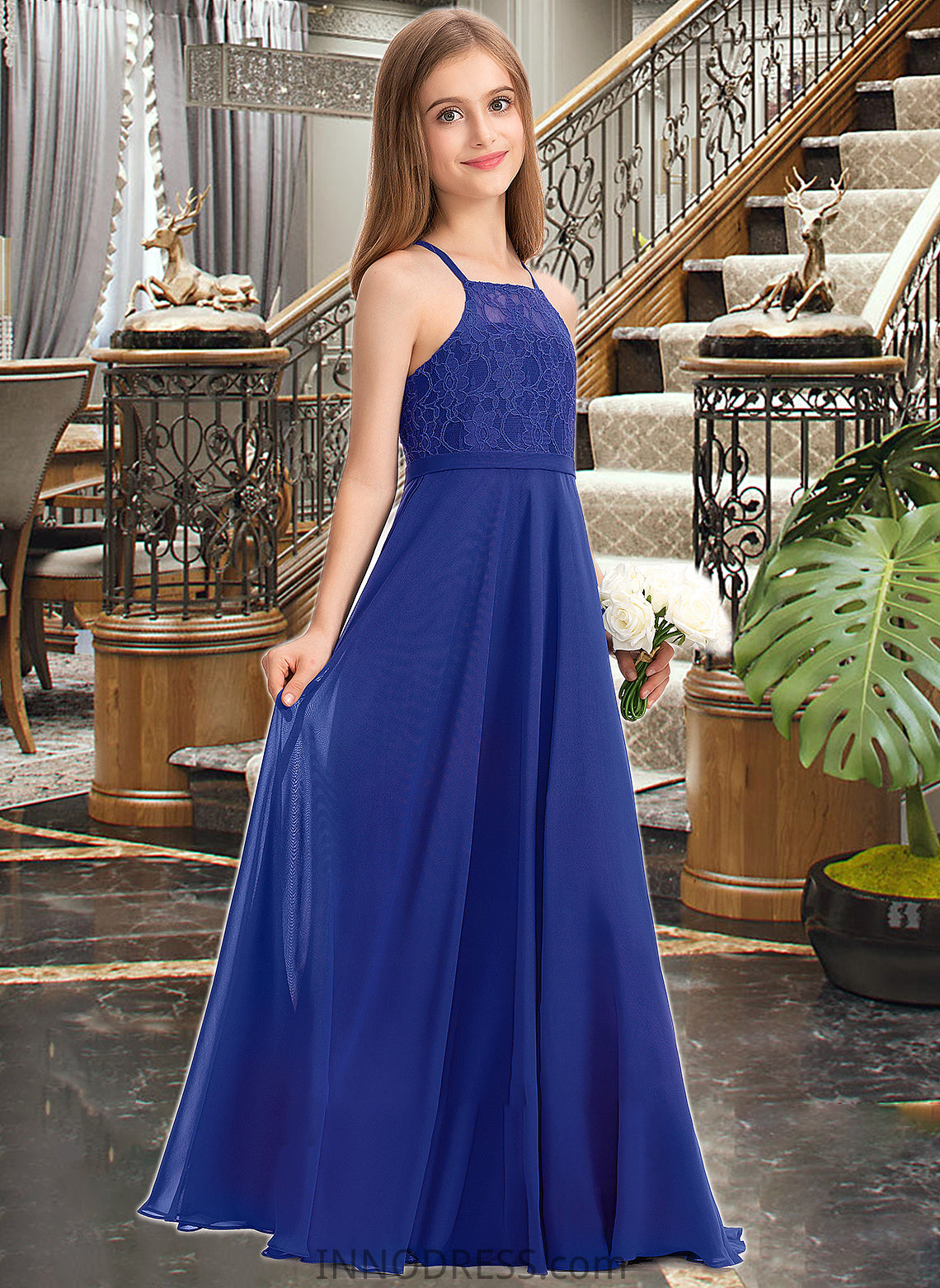 Cailyn A-Line Square Neckline Floor-Length Chiffon Lace Junior Bridesmaid Dress DPP0013457