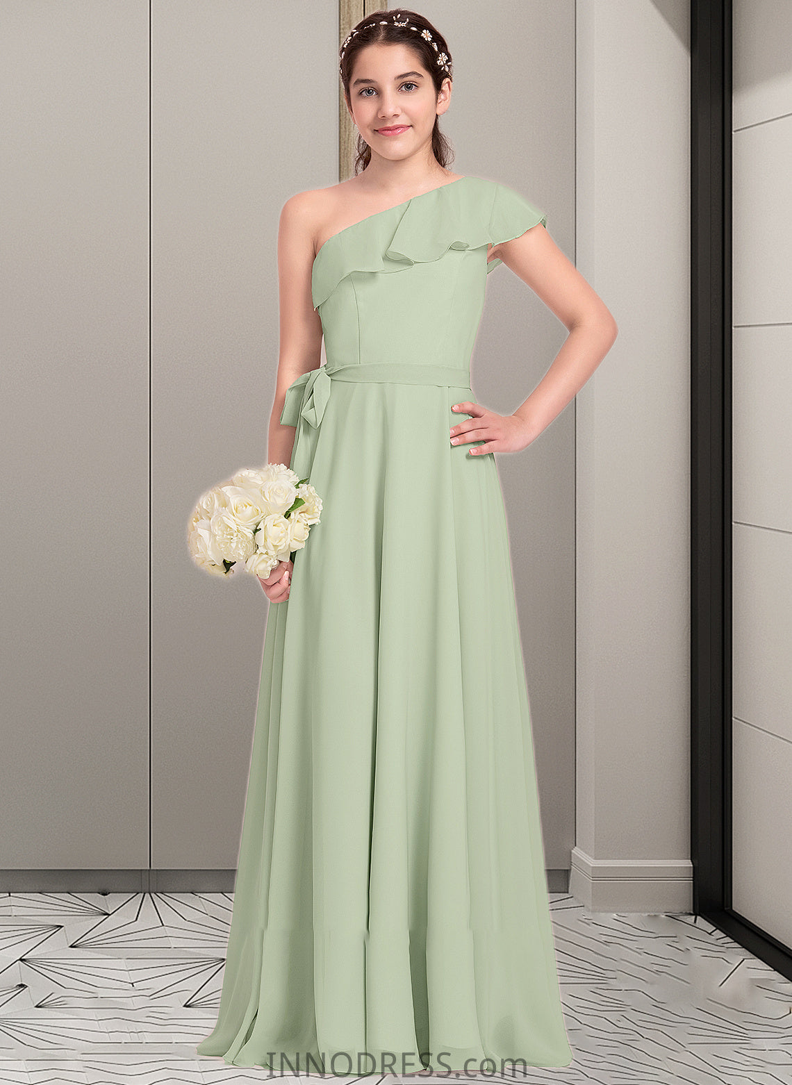 Giuliana A-Line One-Shoulder Floor-Length Chiffon Junior Bridesmaid Dress With Cascading Ruffles DPP0013458