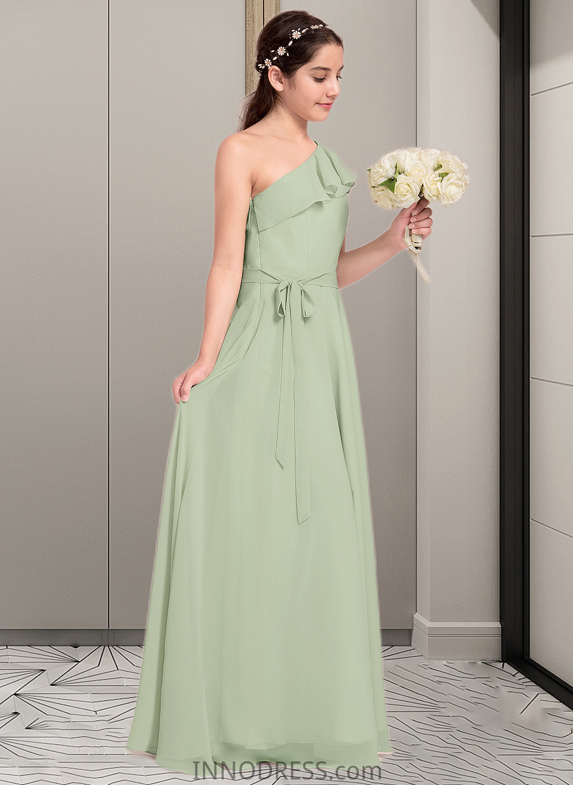 Giuliana A-Line One-Shoulder Floor-Length Chiffon Junior Bridesmaid Dress With Cascading Ruffles DPP0013458