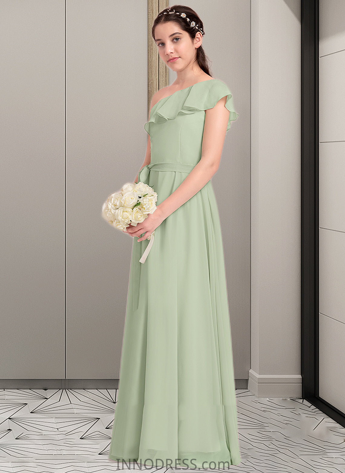 Giuliana A-Line One-Shoulder Floor-Length Chiffon Junior Bridesmaid Dress With Cascading Ruffles DPP0013458