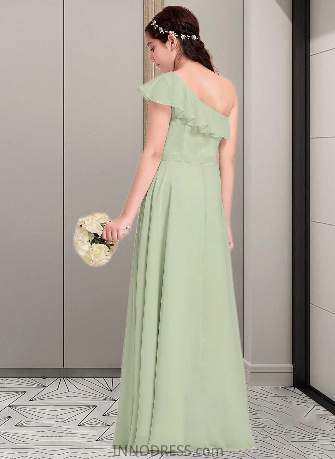 Giuliana A-Line One-Shoulder Floor-Length Chiffon Junior Bridesmaid Dress With Cascading Ruffles DPP0013458