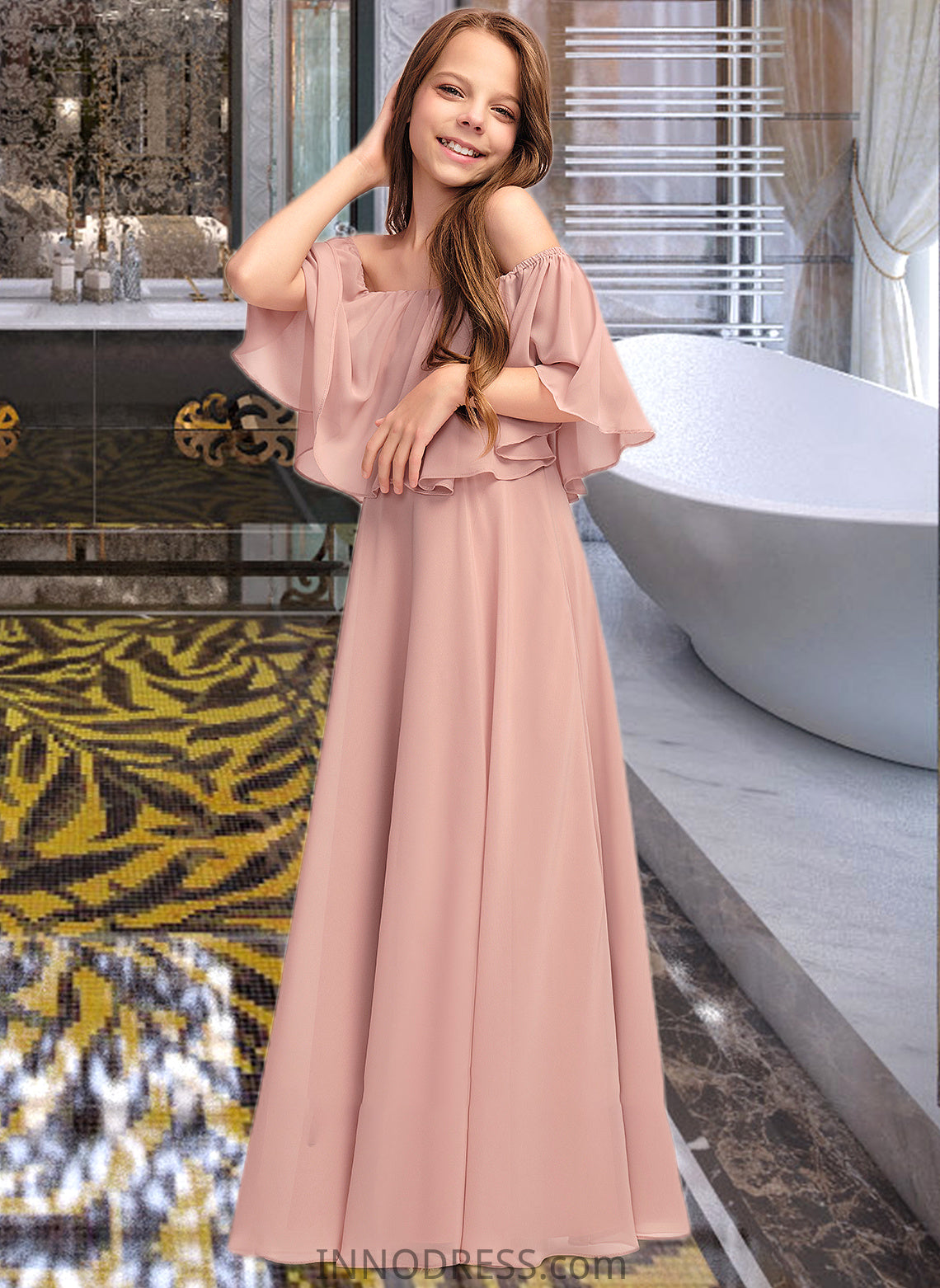 Iliana A-Line Off-the-Shoulder Floor-Length Chiffon Junior Bridesmaid Dress With Ruffle DPP0013459