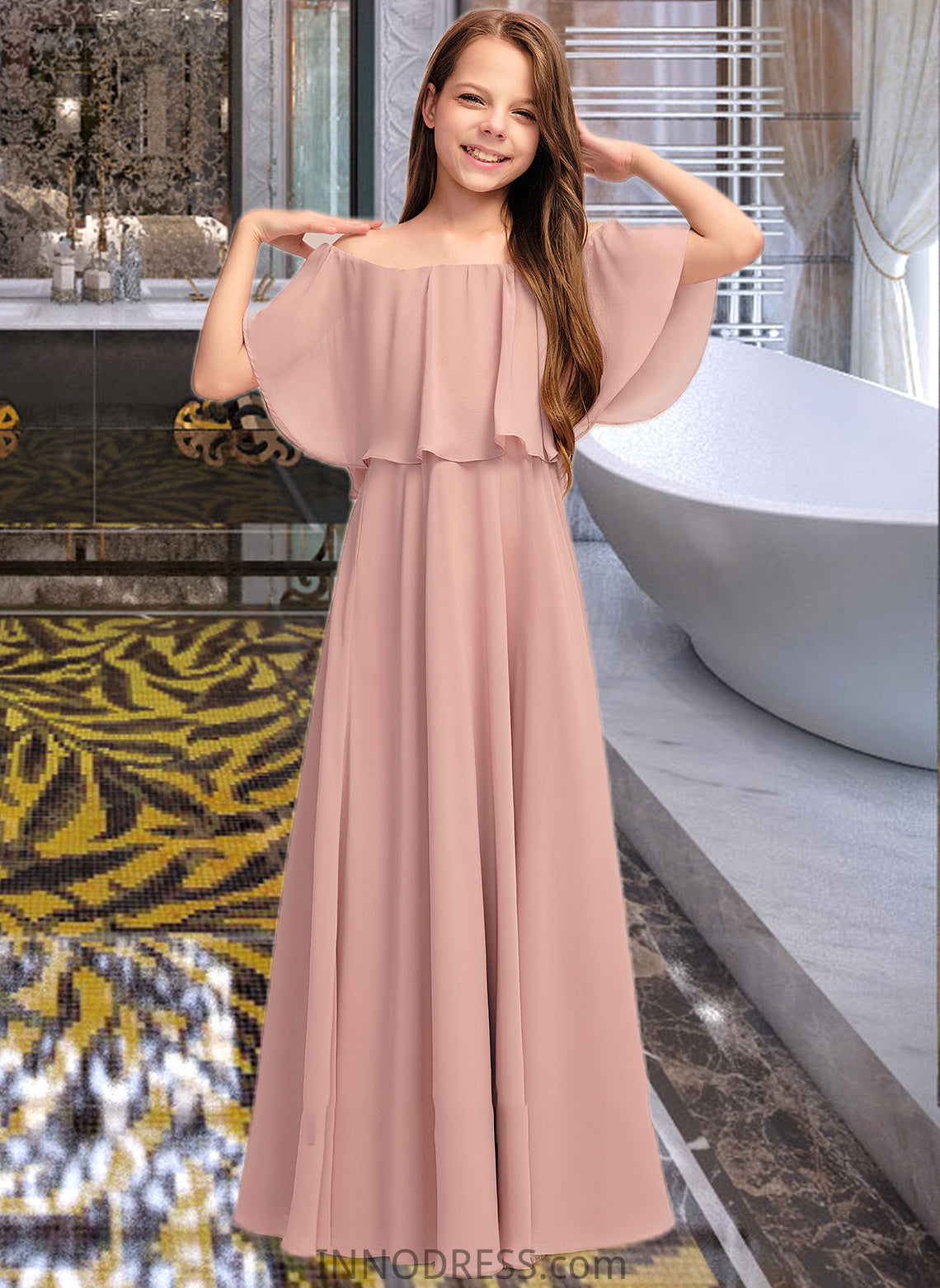 Iliana A-Line Off-the-Shoulder Floor-Length Chiffon Junior Bridesmaid Dress With Ruffle DPP0013459