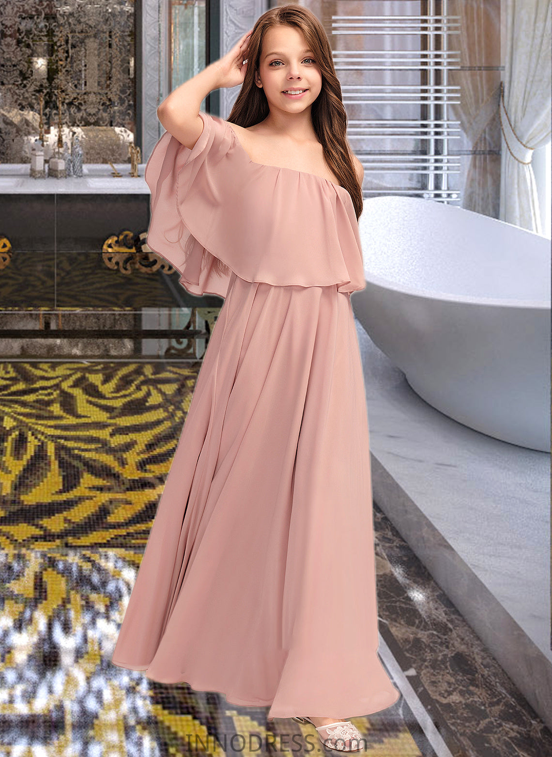 Iliana A-Line Off-the-Shoulder Floor-Length Chiffon Junior Bridesmaid Dress With Ruffle DPP0013459