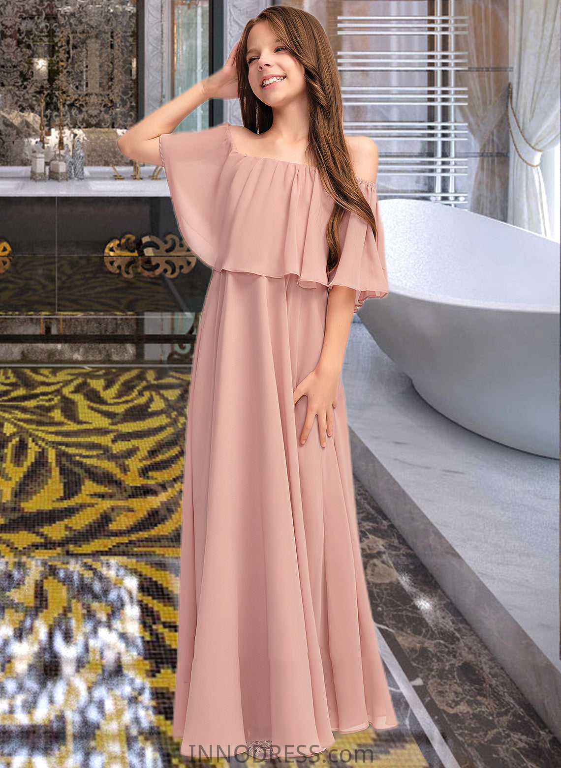 Iliana A-Line Off-the-Shoulder Floor-Length Chiffon Junior Bridesmaid Dress With Ruffle DPP0013459