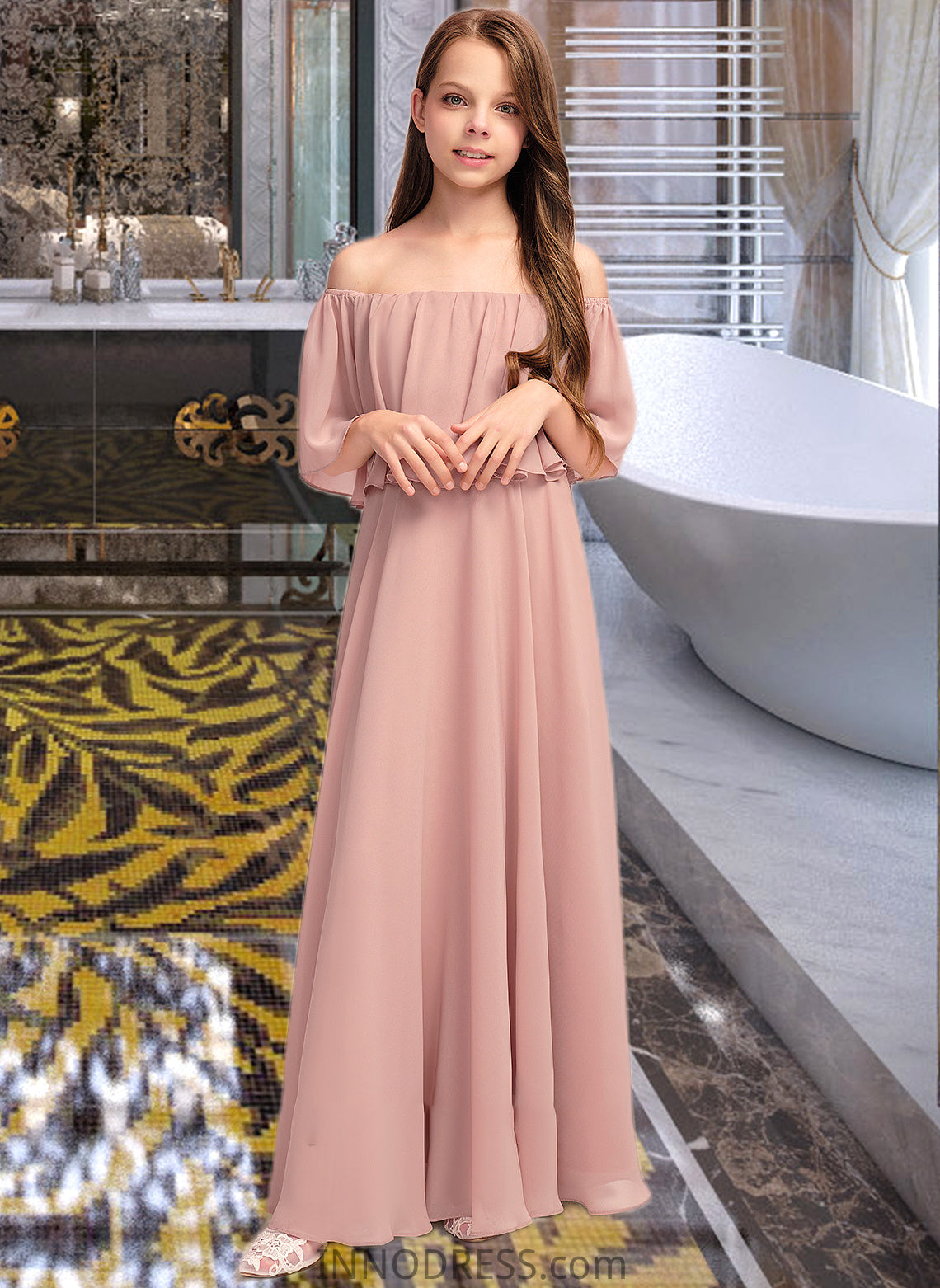 Iliana A-Line Off-the-Shoulder Floor-Length Chiffon Junior Bridesmaid Dress With Ruffle DPP0013459