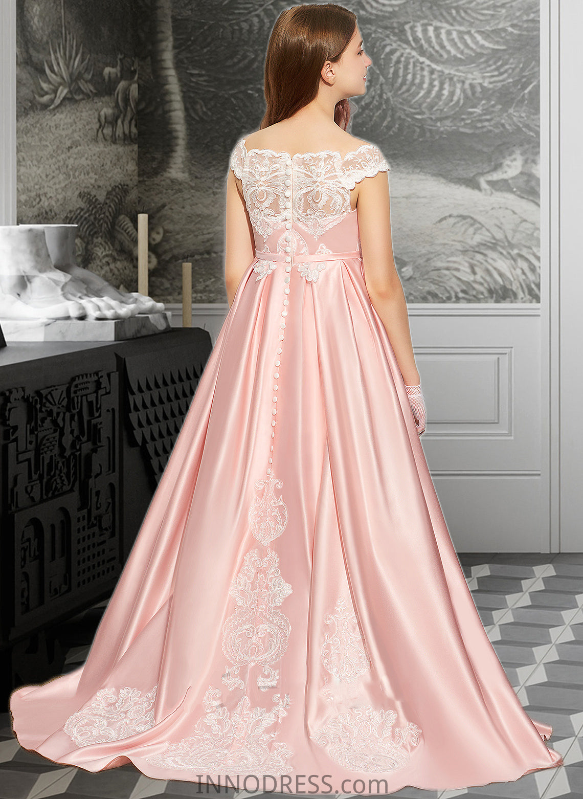 Adelyn Ball-Gown/Princess Off-the-Shoulder Sweep Train Satin Lace Junior Bridesmaid Dress DPP0013460