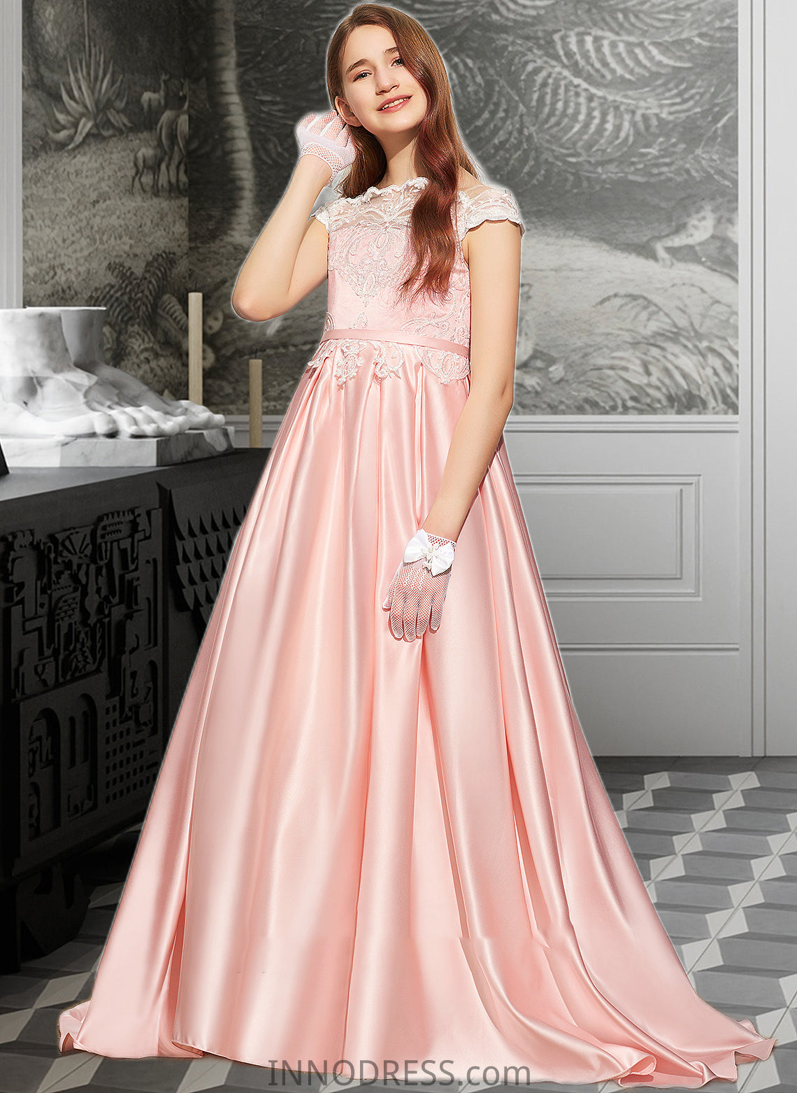 Adelyn Ball-Gown/Princess Off-the-Shoulder Sweep Train Satin Lace Junior Bridesmaid Dress DPP0013460