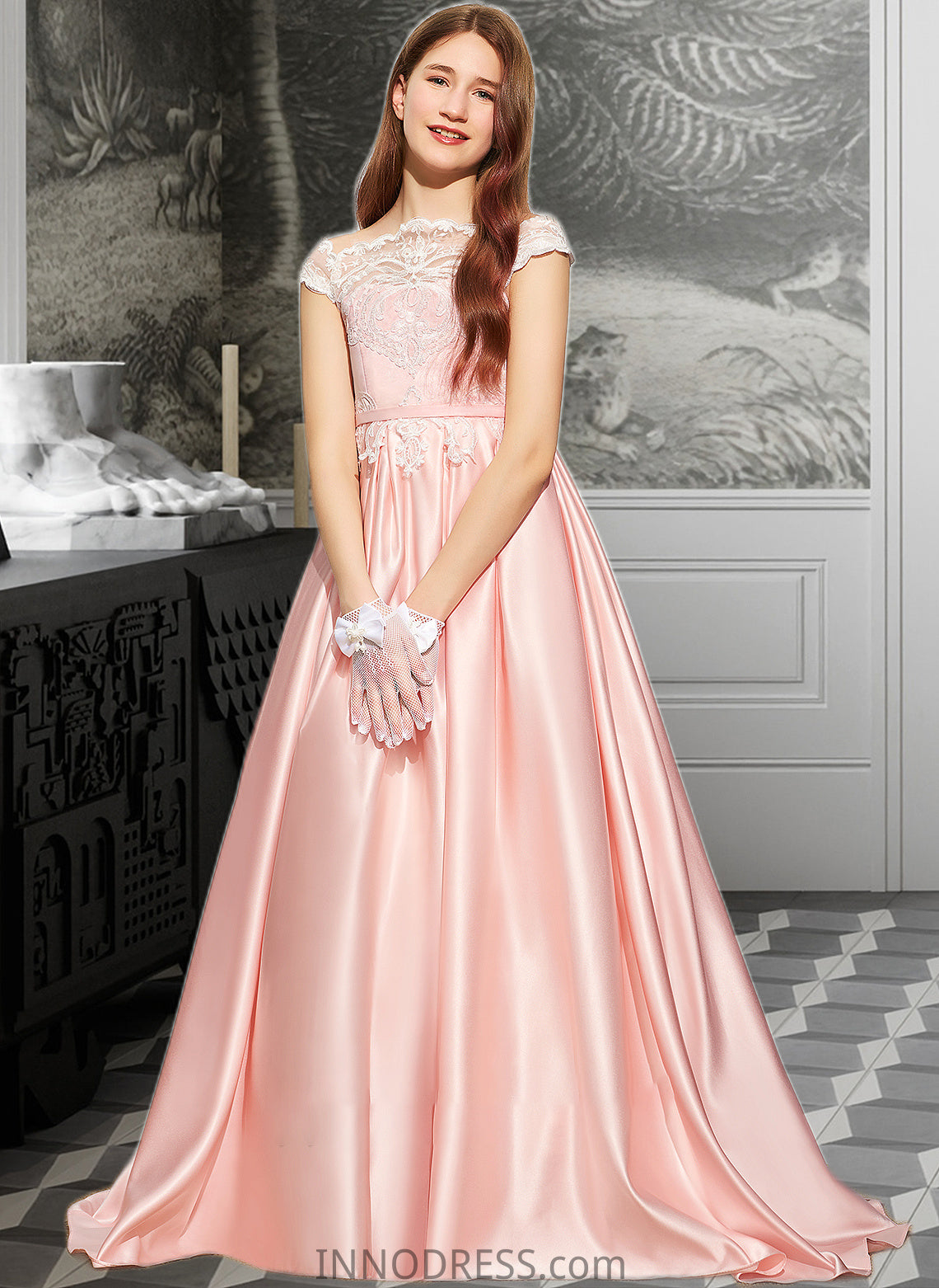 Adelyn Ball-Gown/Princess Off-the-Shoulder Sweep Train Satin Lace Junior Bridesmaid Dress DPP0013460