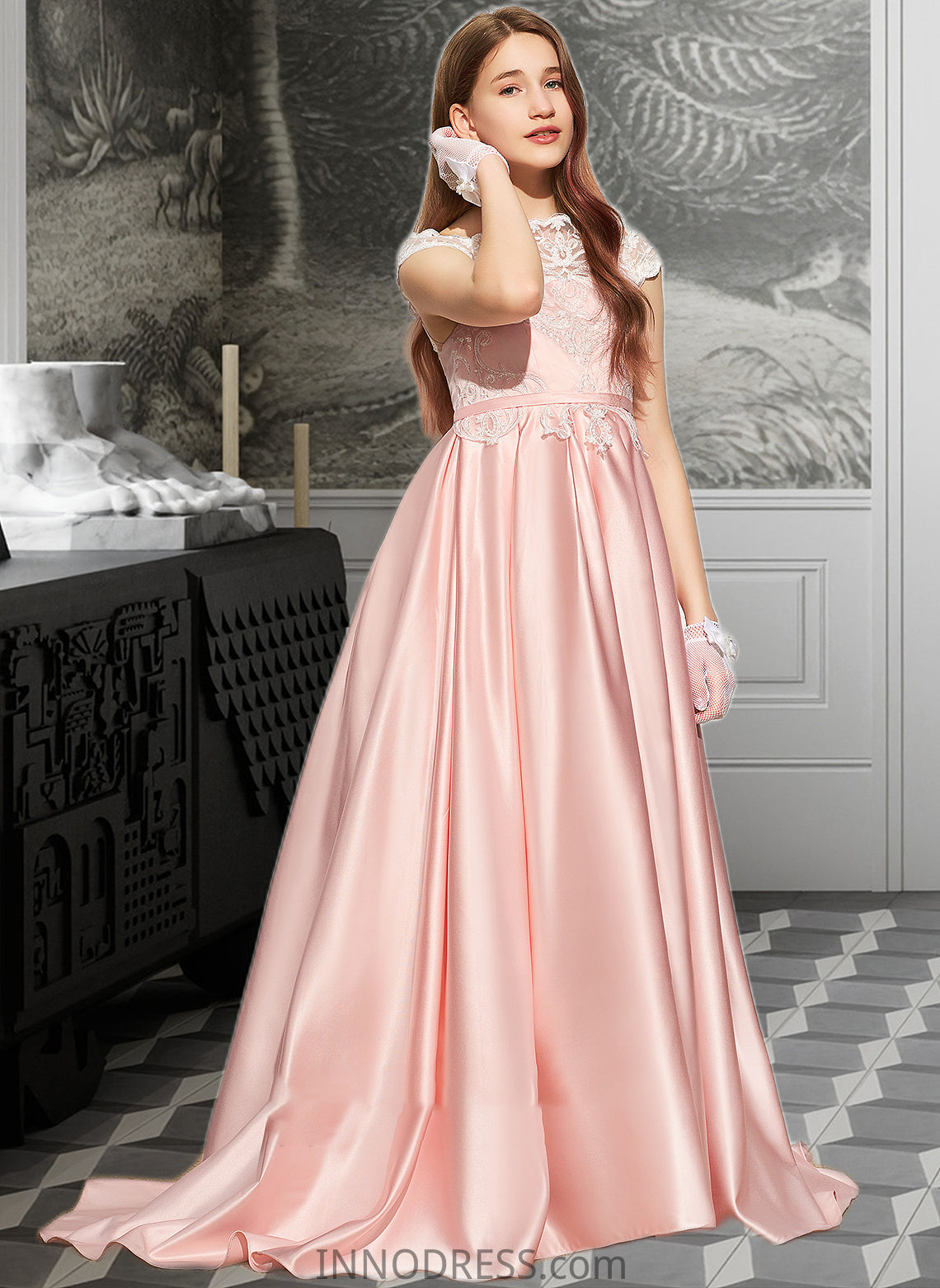 Adelyn Ball-Gown/Princess Off-the-Shoulder Sweep Train Satin Lace Junior Bridesmaid Dress DPP0013460