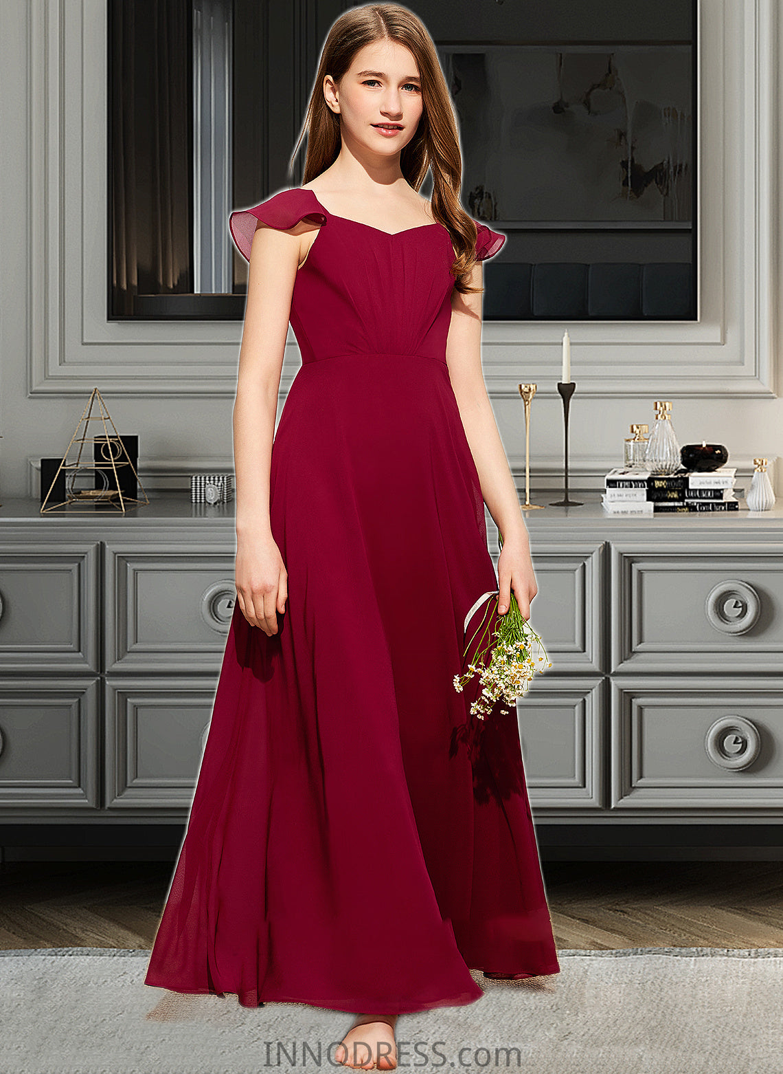 Taniya A-Line V-neck Floor-Length Chiffon Junior Bridesmaid Dress With Ruffle DPP0013461