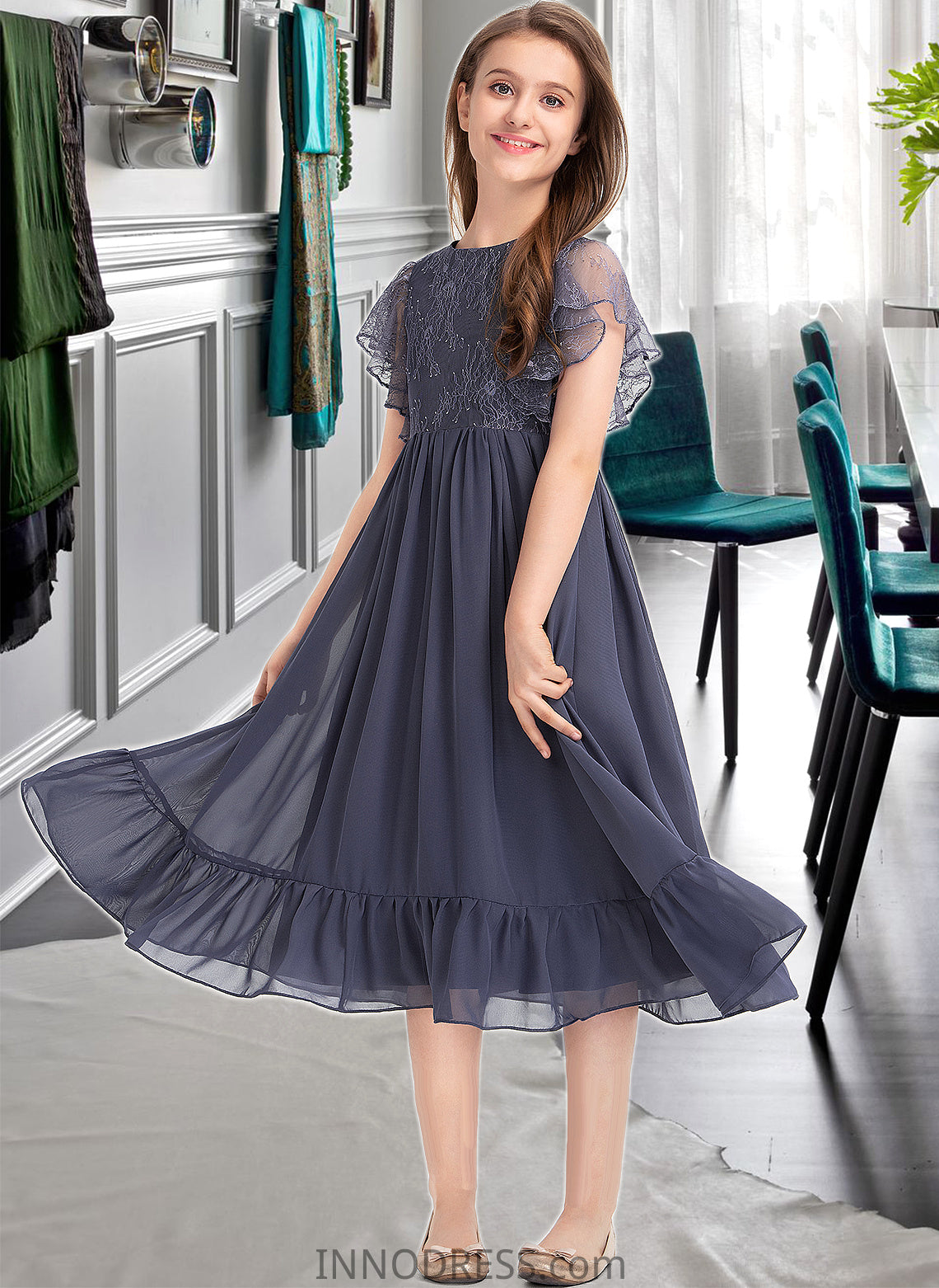 Jade A-Line Scoop Neck Knee-Length Chiffon Lace Junior Bridesmaid Dress With Cascading Ruffles DPP0013462