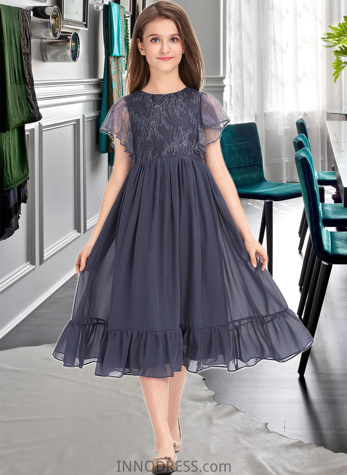 Jade A-Line Scoop Neck Knee-Length Chiffon Lace Junior Bridesmaid Dress With Cascading Ruffles DPP0013462