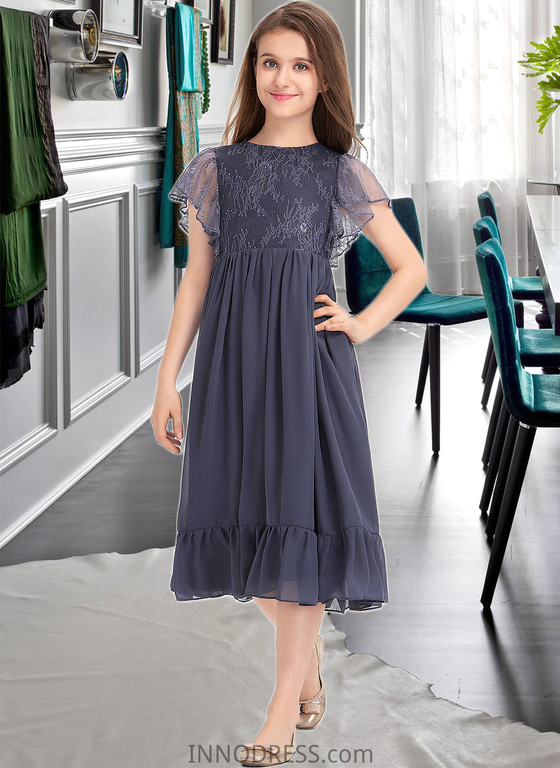 Jade A-Line Scoop Neck Knee-Length Chiffon Lace Junior Bridesmaid Dress With Cascading Ruffles DPP0013462