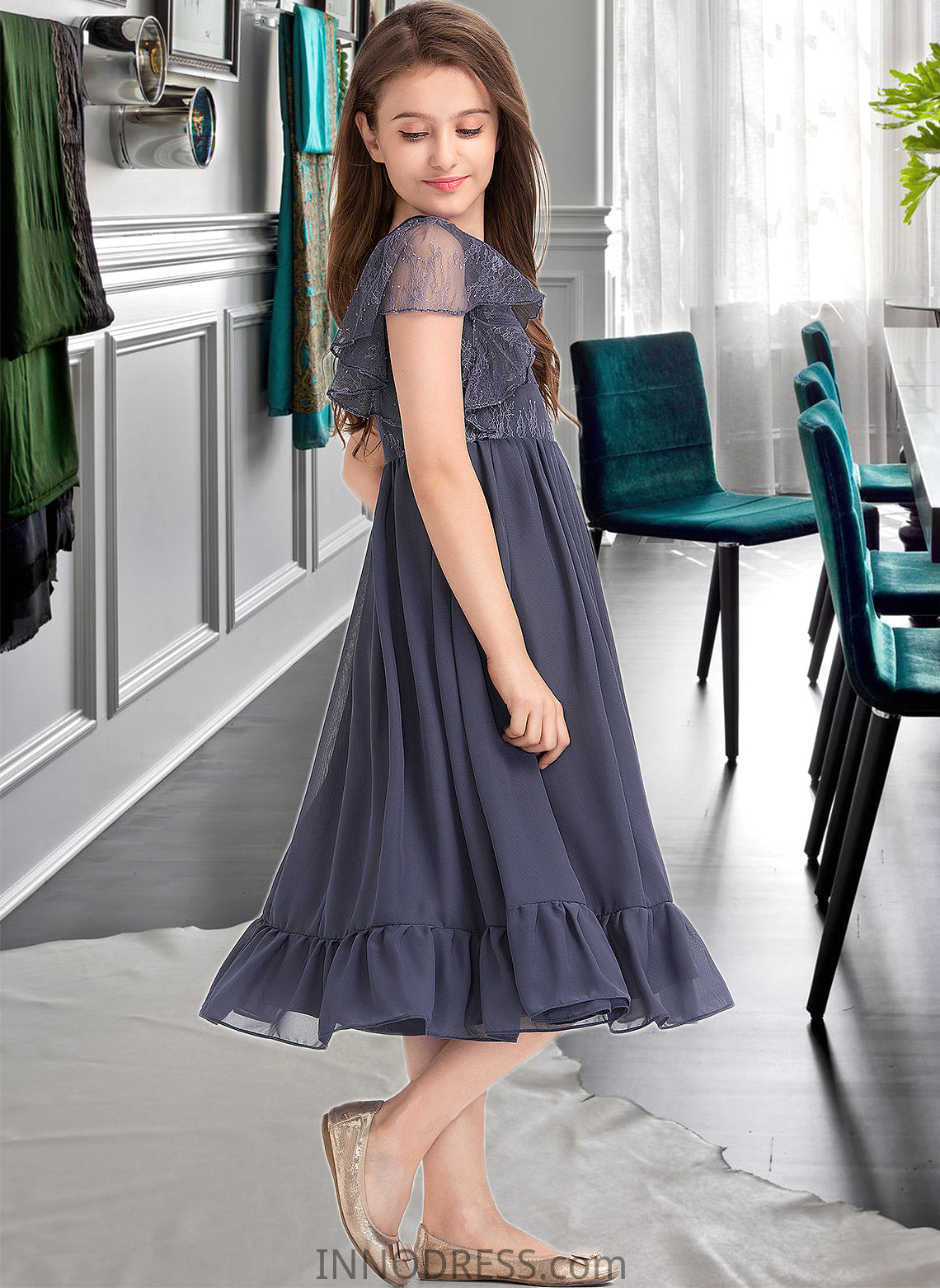 Jade A-Line Scoop Neck Knee-Length Chiffon Lace Junior Bridesmaid Dress With Cascading Ruffles DPP0013462