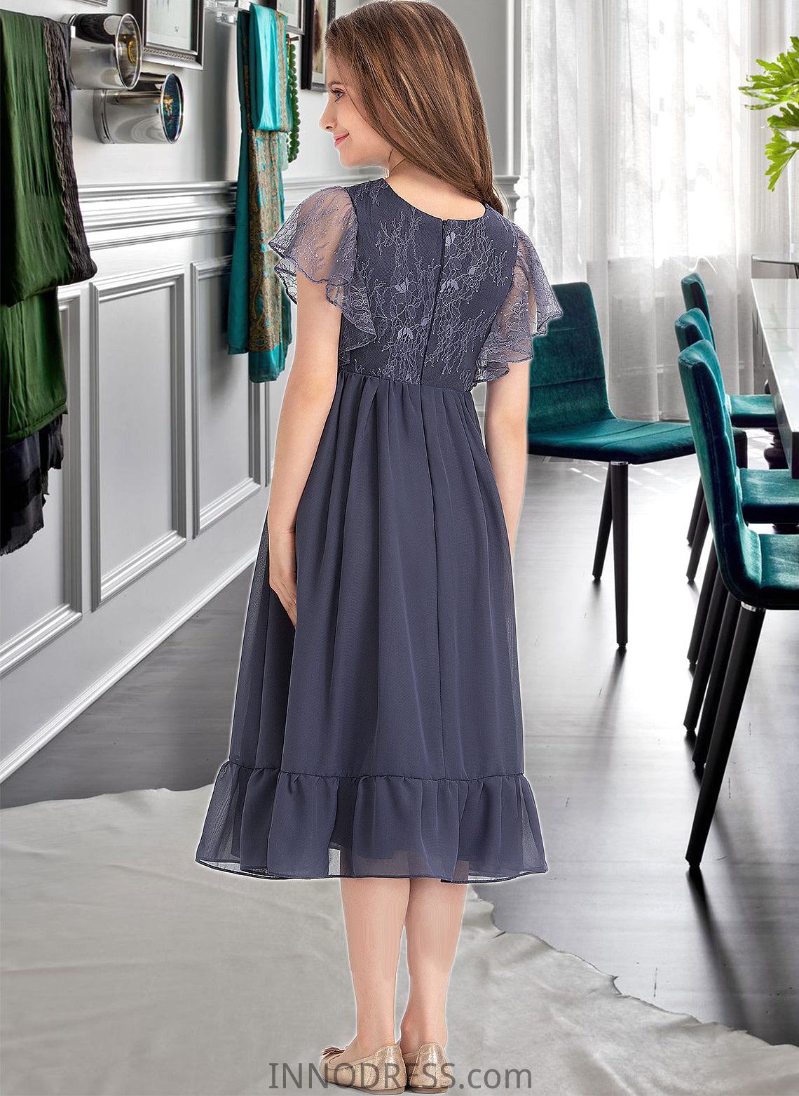 Jade A-Line Scoop Neck Knee-Length Chiffon Lace Junior Bridesmaid Dress With Cascading Ruffles DPP0013462