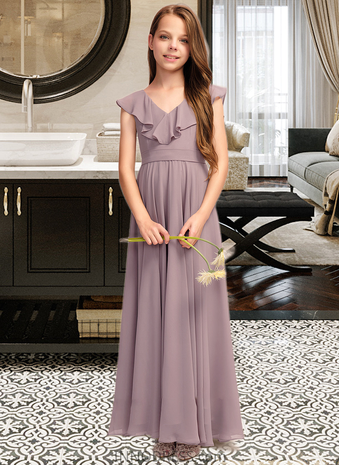 Summer A-Line V-neck Floor-Length Chiffon Junior Bridesmaid Dress With Cascading Ruffles DPP0013464