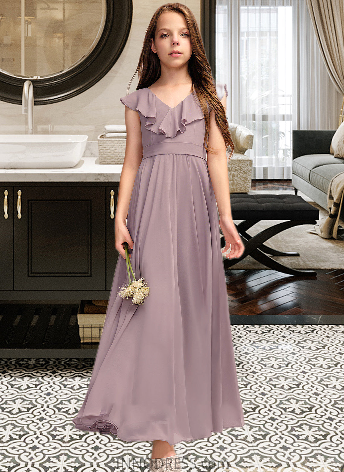 Summer A-Line V-neck Floor-Length Chiffon Junior Bridesmaid Dress With Cascading Ruffles DPP0013464