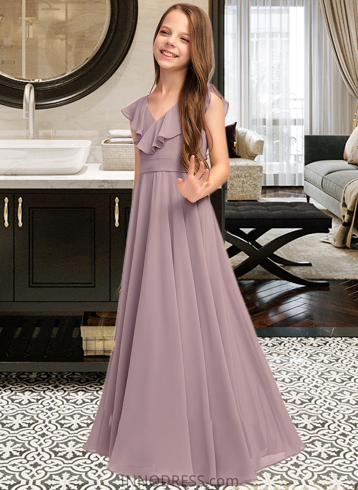 Summer A-Line V-neck Floor-Length Chiffon Junior Bridesmaid Dress With Cascading Ruffles DPP0013464