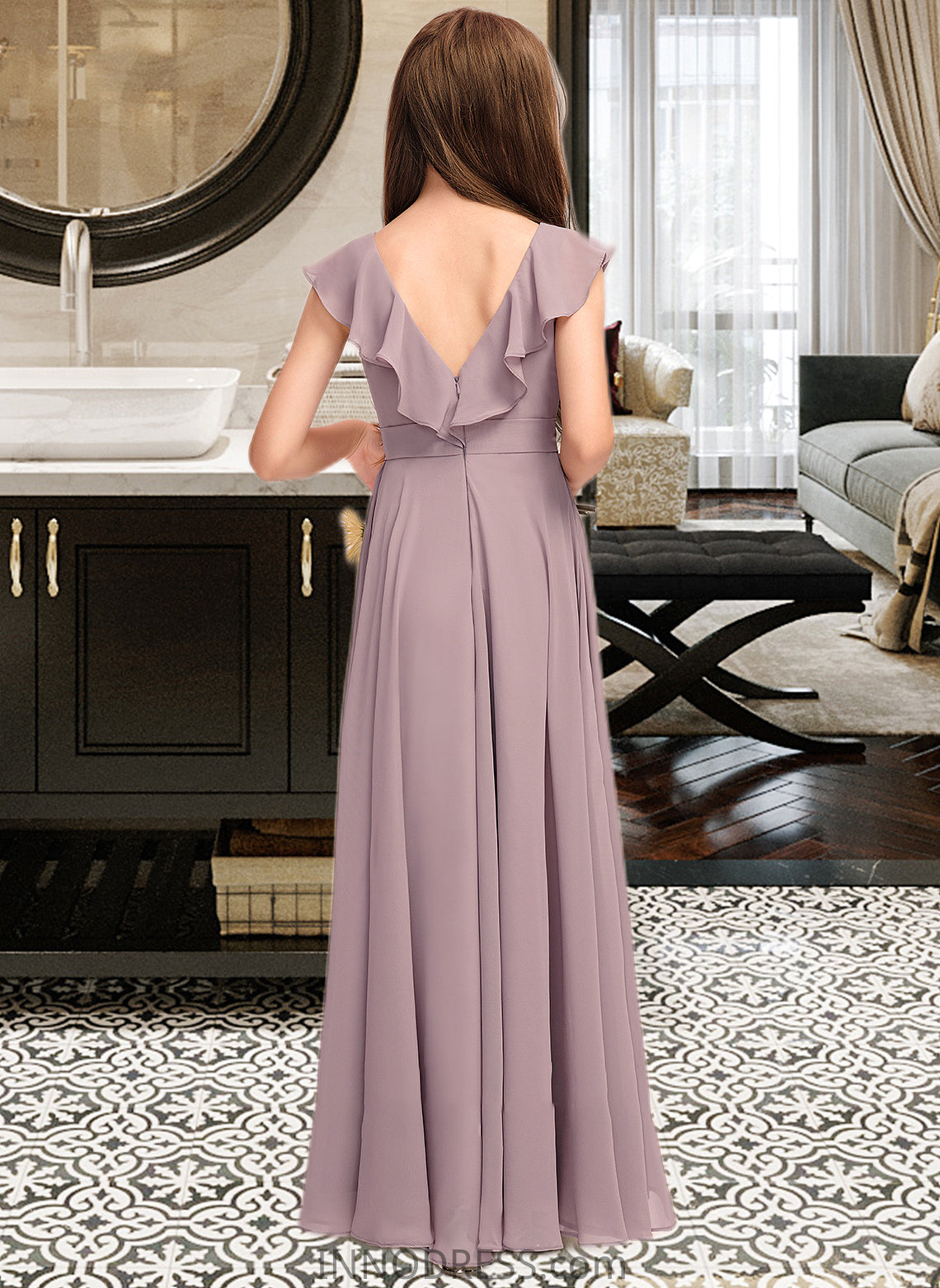 Summer A-Line V-neck Floor-Length Chiffon Junior Bridesmaid Dress With Cascading Ruffles DPP0013464