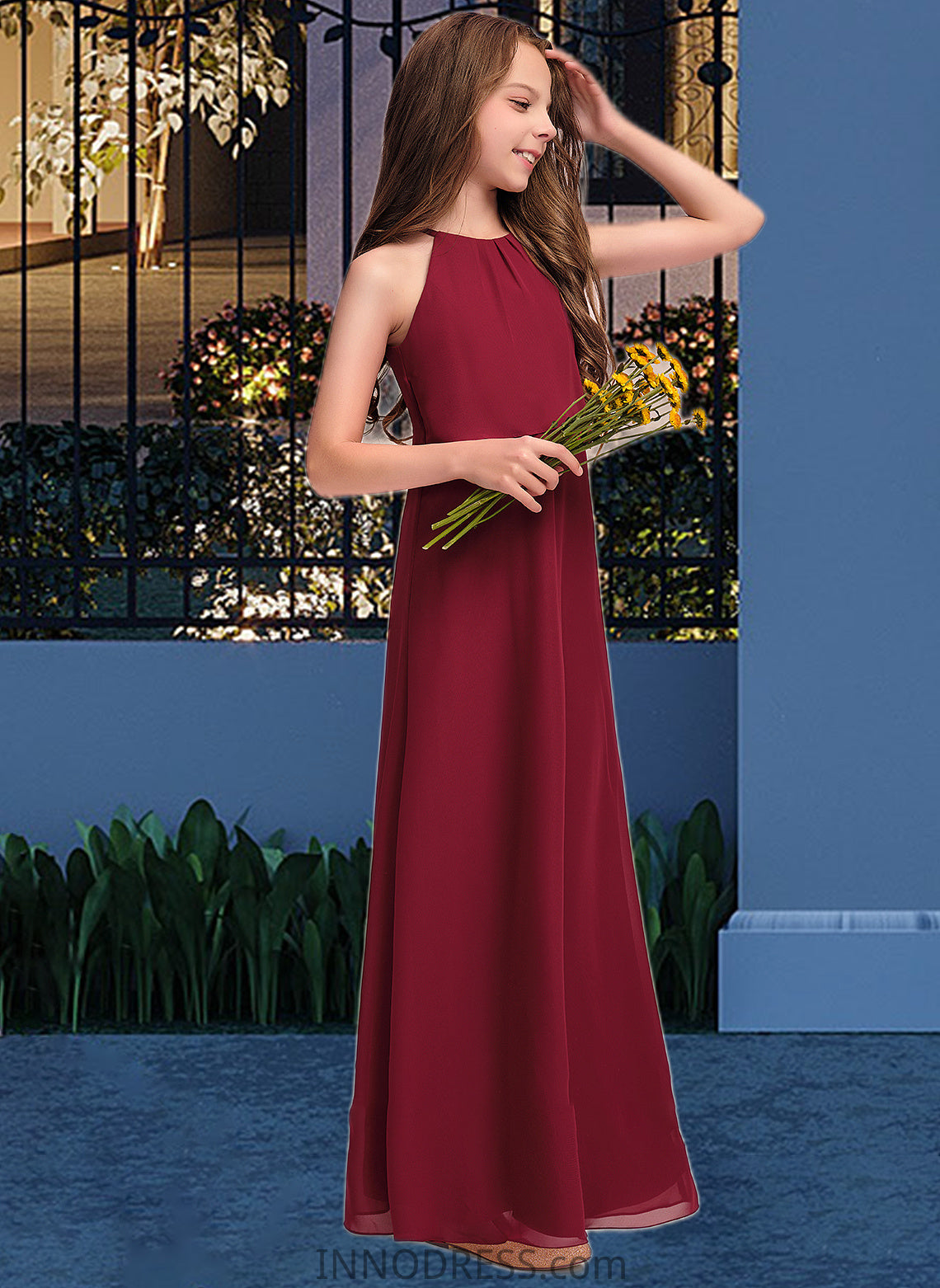 Harmony A-Line Scoop Neck Floor-Length Chiffon Junior Bridesmaid Dress With Ruffles DPP0013465