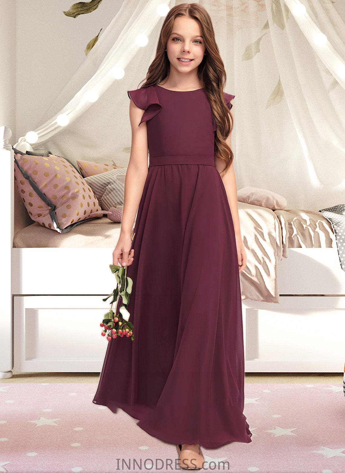 Kamora A-Line Scoop Neck Floor-Length Chiffon Junior Bridesmaid Dress With Cascading Ruffles DPP0013466