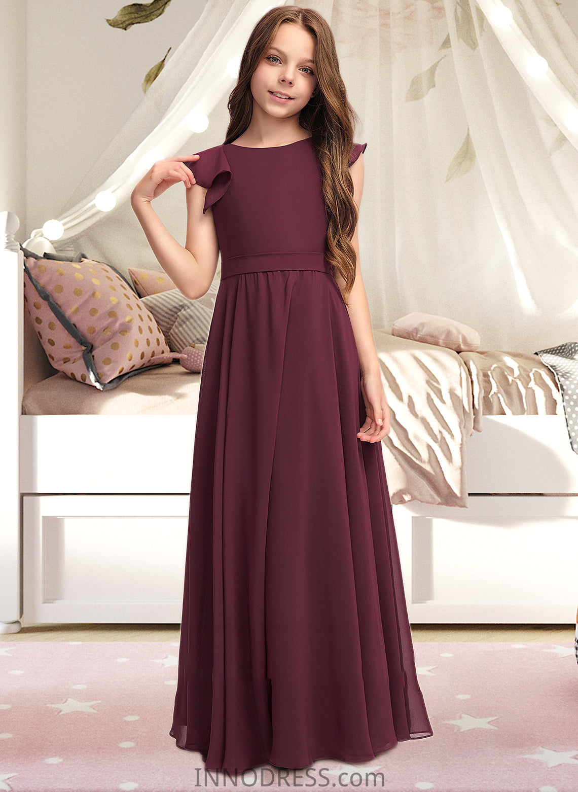 Kamora A-Line Scoop Neck Floor-Length Chiffon Junior Bridesmaid Dress With Cascading Ruffles DPP0013466