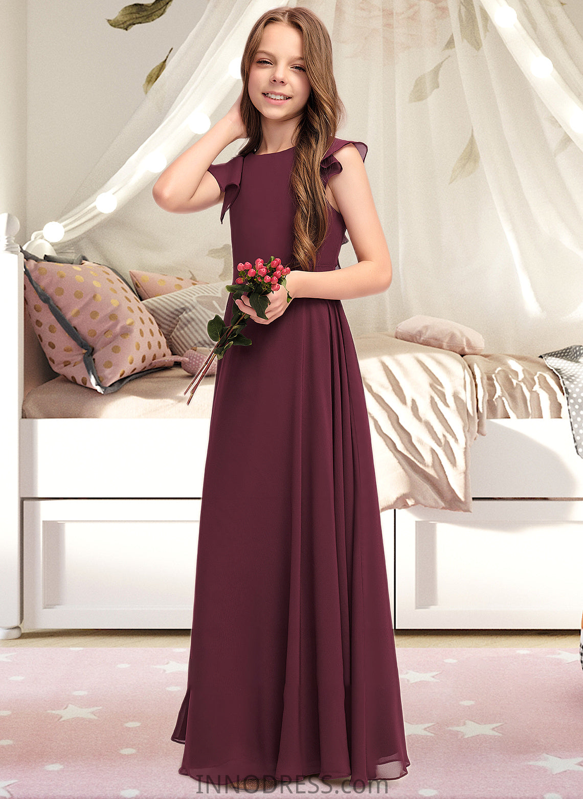 Kamora A-Line Scoop Neck Floor-Length Chiffon Junior Bridesmaid Dress With Cascading Ruffles DPP0013466