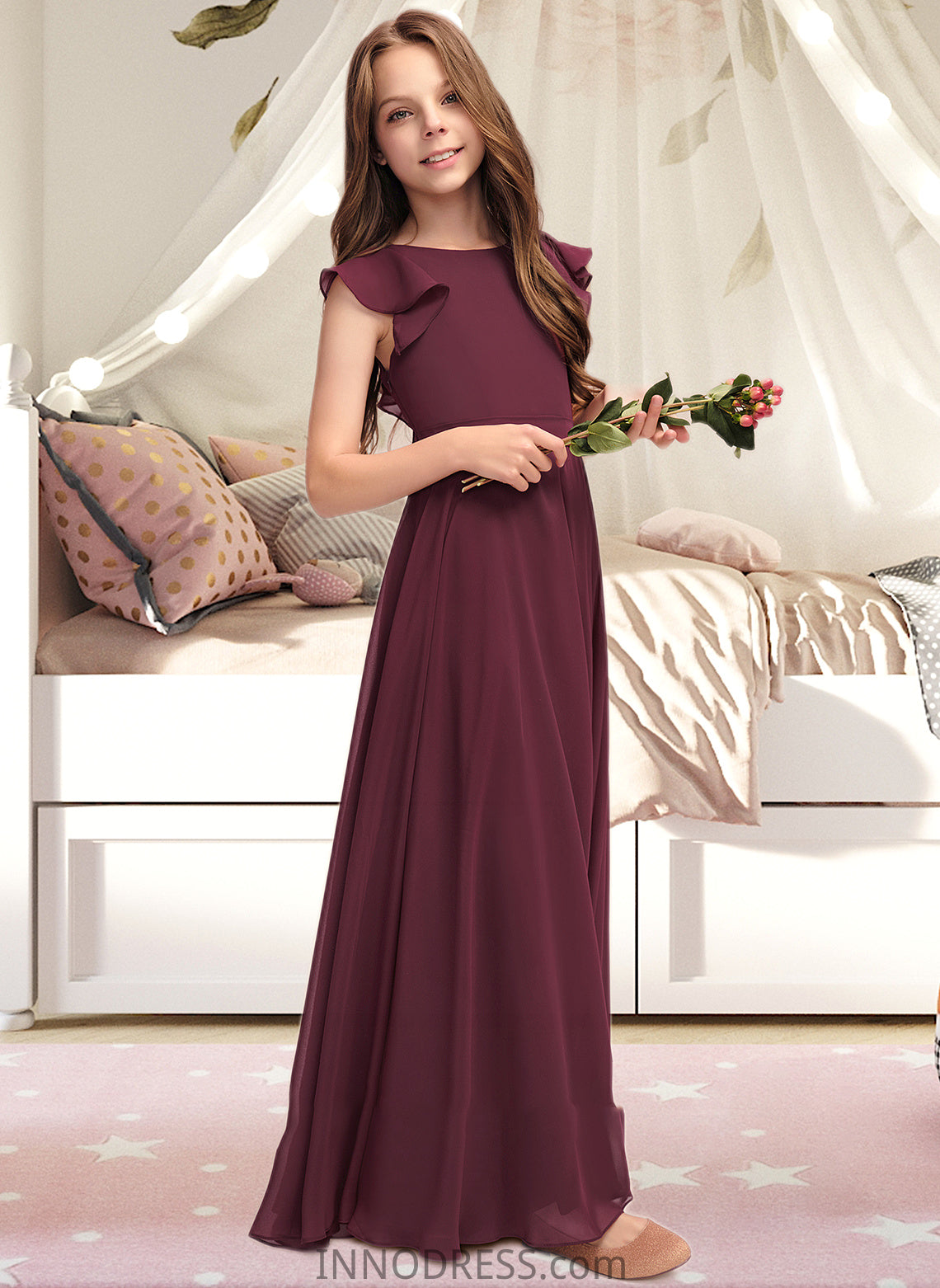 Kamora A-Line Scoop Neck Floor-Length Chiffon Junior Bridesmaid Dress With Cascading Ruffles DPP0013466