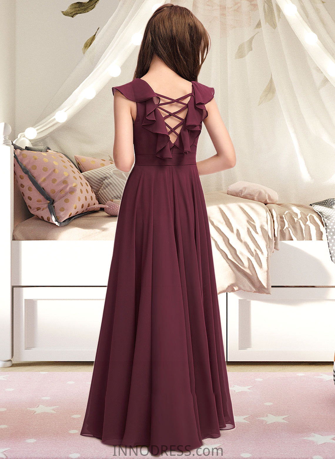 Kamora A-Line Scoop Neck Floor-Length Chiffon Junior Bridesmaid Dress With Cascading Ruffles DPP0013466