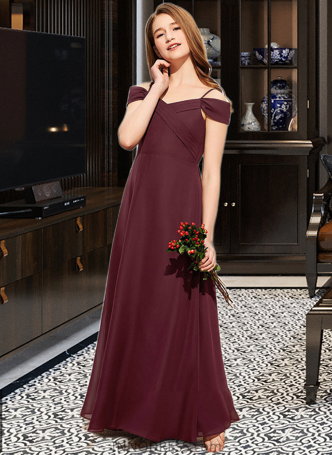 Aleena A-Line Off-the-Shoulder Floor-Length Chiffon Junior Bridesmaid Dress With Ruffle DPP0013467