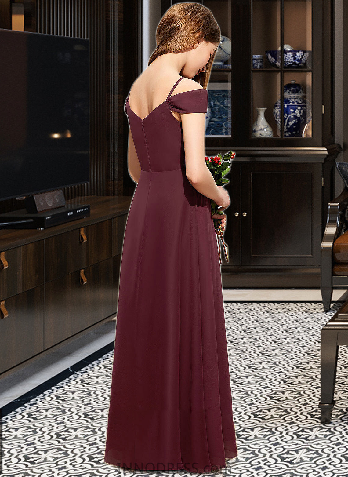 Aleena A-Line Off-the-Shoulder Floor-Length Chiffon Junior Bridesmaid Dress With Ruffle DPP0013467