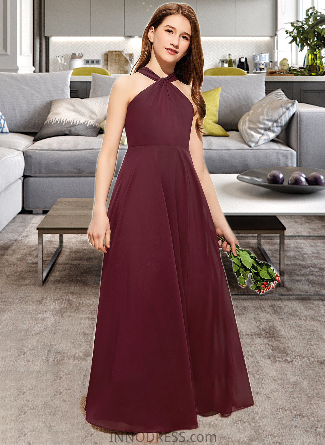 Danika A-Line V-neck Floor-Length Chiffon Junior Bridesmaid Dress With Ruffle DPP0013468