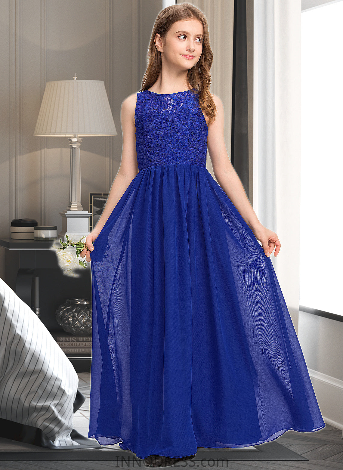 Yareli A-Line Scoop Neck Floor-Length Chiffon Lace Junior Bridesmaid Dress DPP0013469