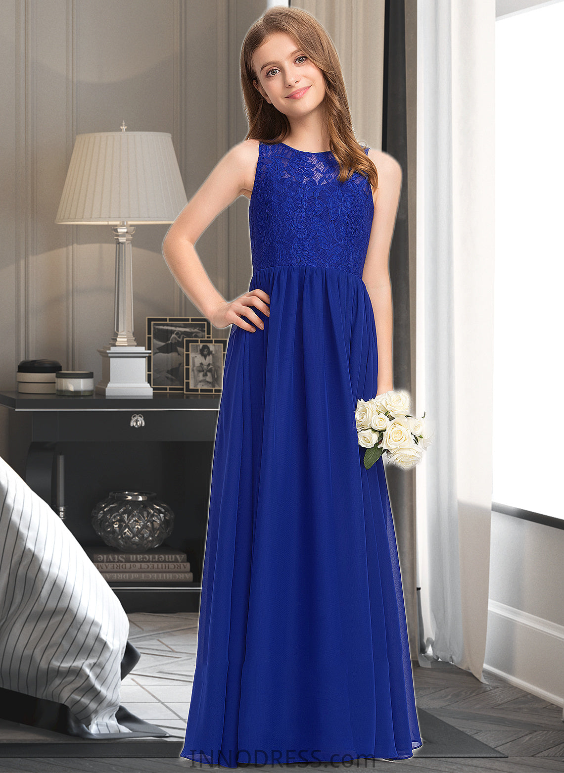 Yareli A-Line Scoop Neck Floor-Length Chiffon Lace Junior Bridesmaid Dress DPP0013469