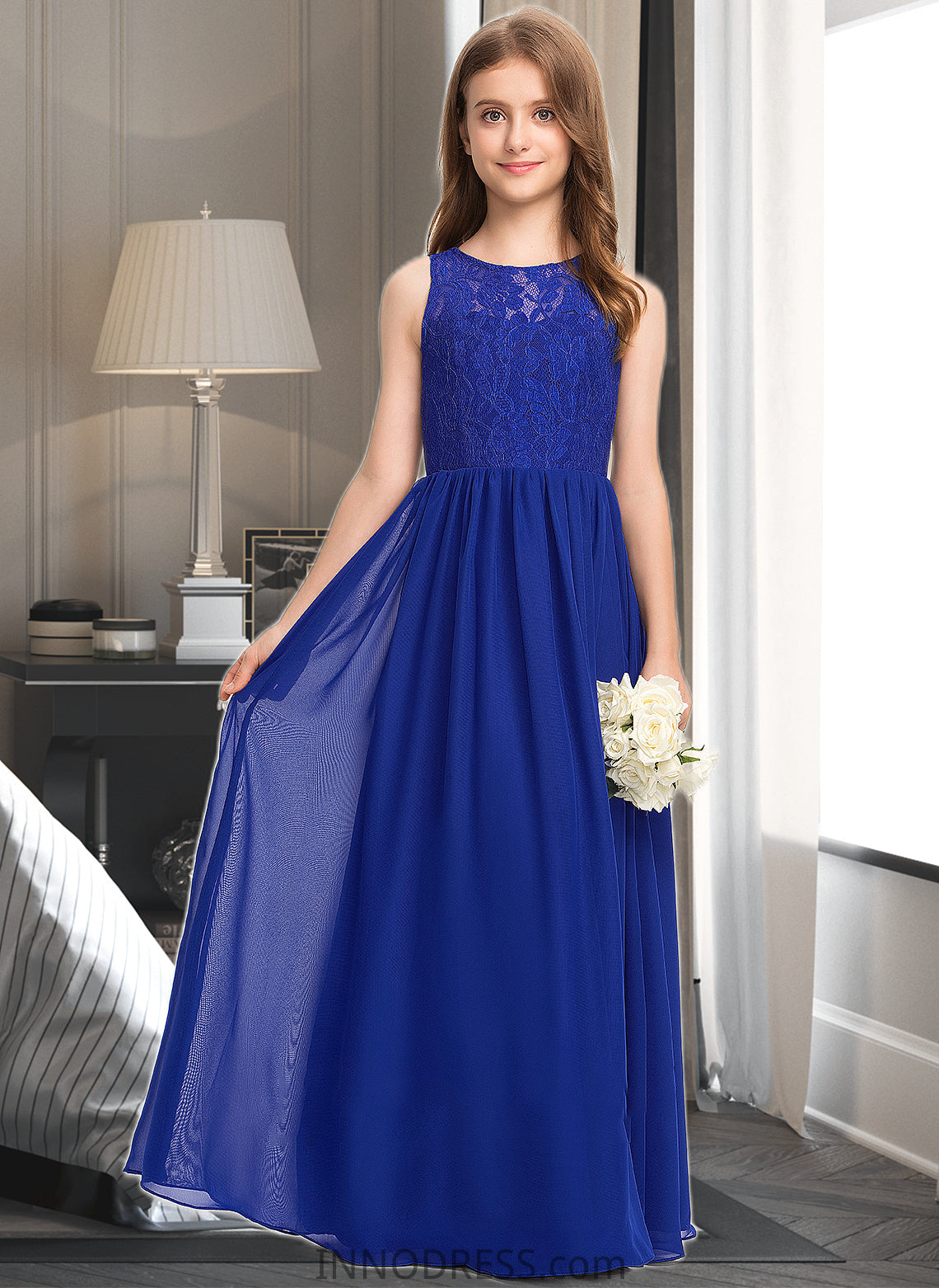 Yareli A-Line Scoop Neck Floor-Length Chiffon Lace Junior Bridesmaid Dress DPP0013469