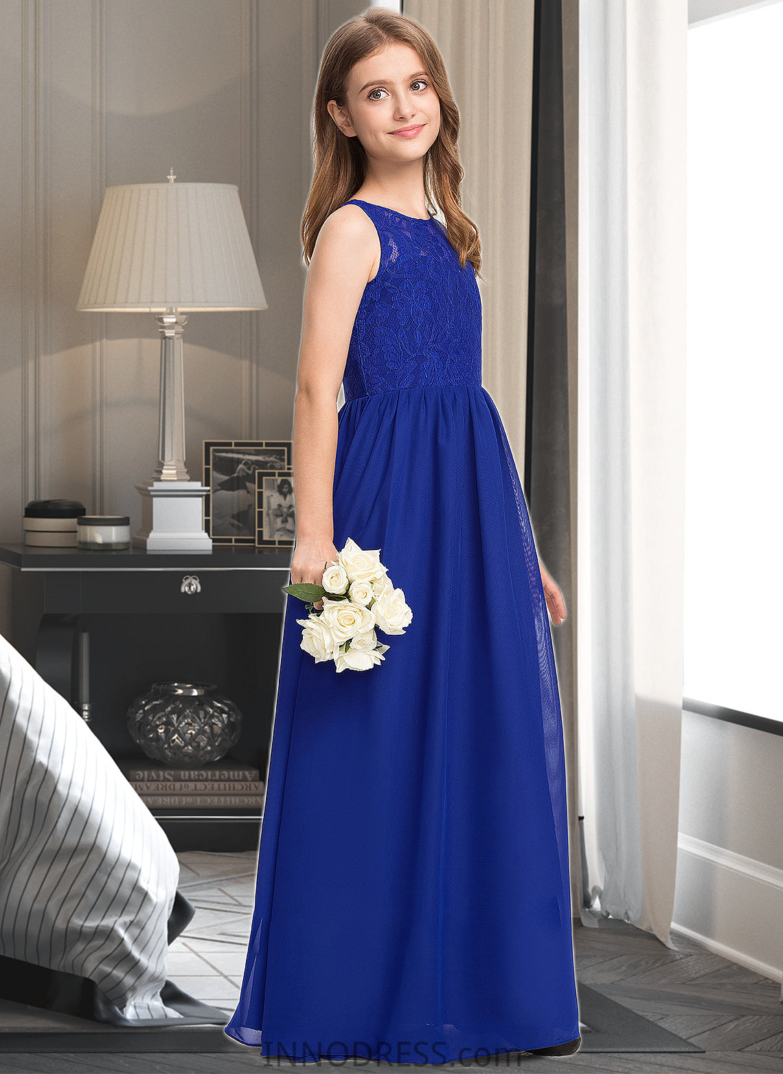 Yareli A-Line Scoop Neck Floor-Length Chiffon Lace Junior Bridesmaid Dress DPP0013469