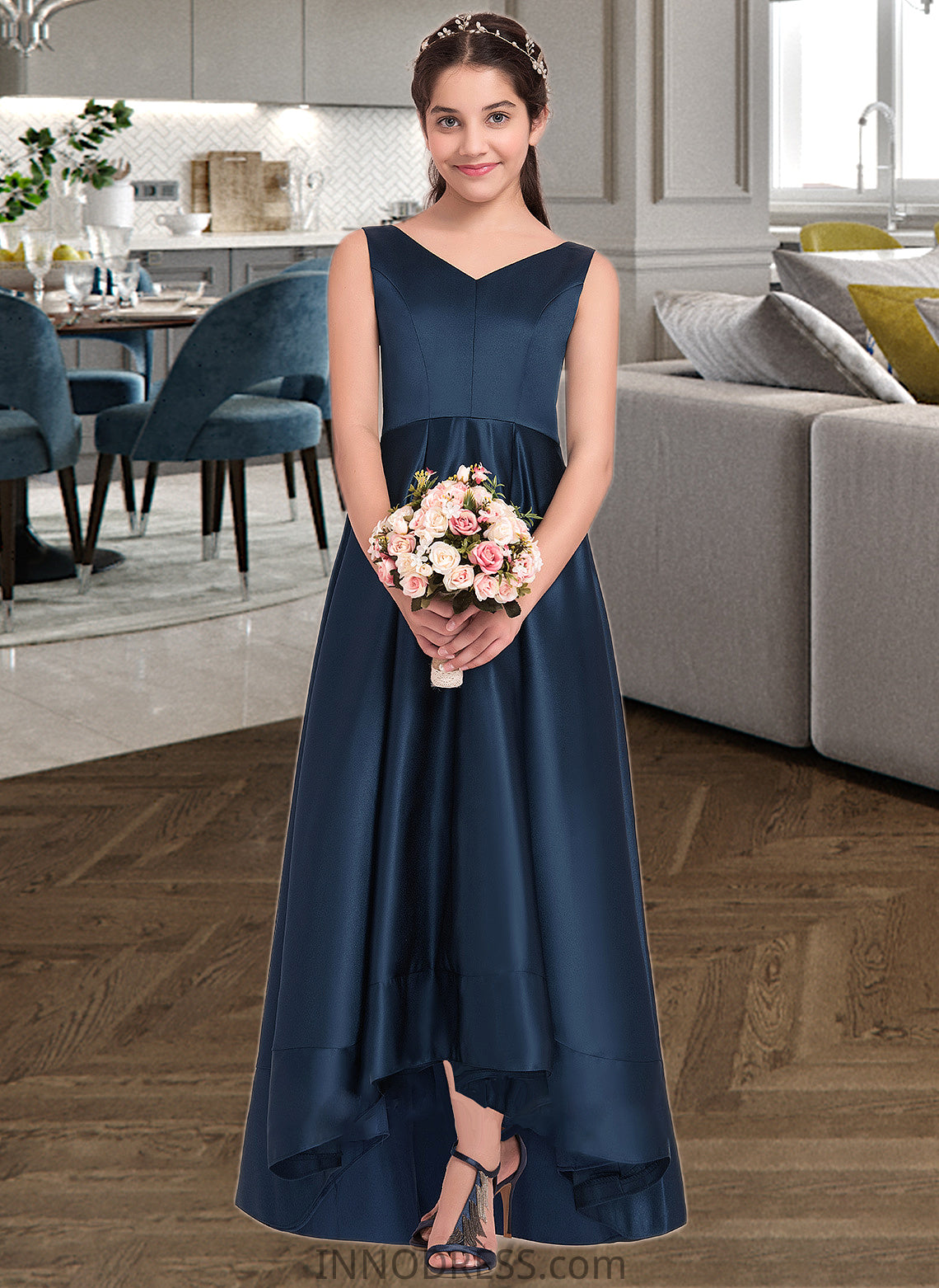 Monique A-Line V-neck Asymmetrical Satin Junior Bridesmaid Dress DPP0013471