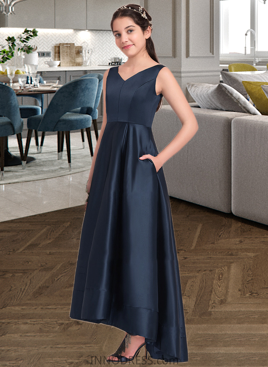 Monique A-Line V-neck Asymmetrical Satin Junior Bridesmaid Dress DPP0013471