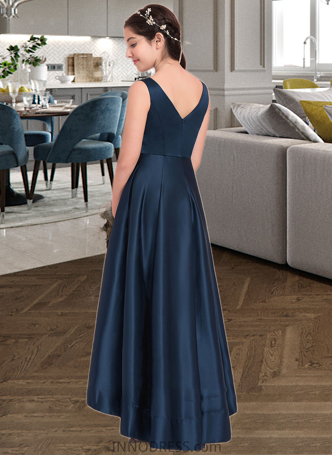 Monique A-Line V-neck Asymmetrical Satin Junior Bridesmaid Dress DPP0013471