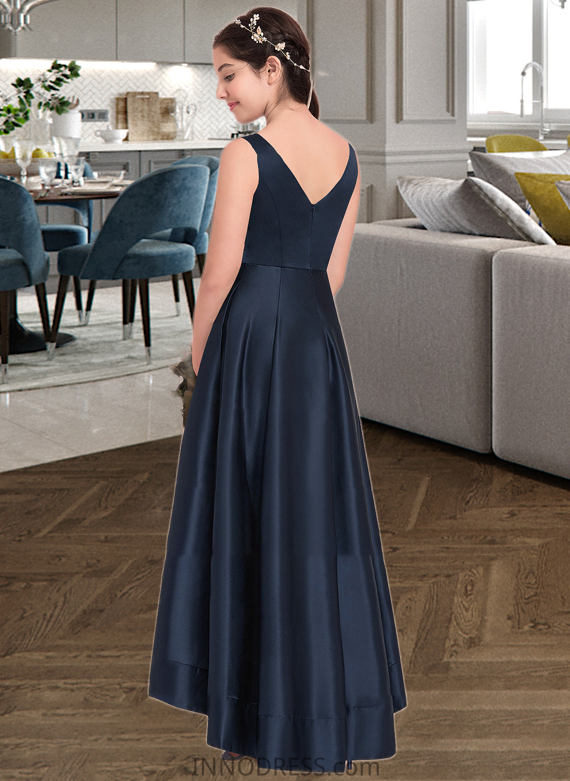 Monique A-Line V-neck Asymmetrical Satin Junior Bridesmaid Dress DPP0013471