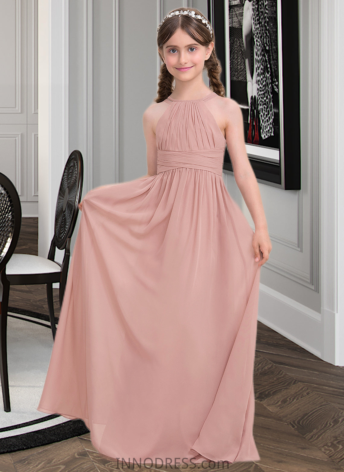 Uerica A-Line Scoop Neck Floor-Length Chiffon Junior Bridesmaid Dress With Ruffle DPP0013473