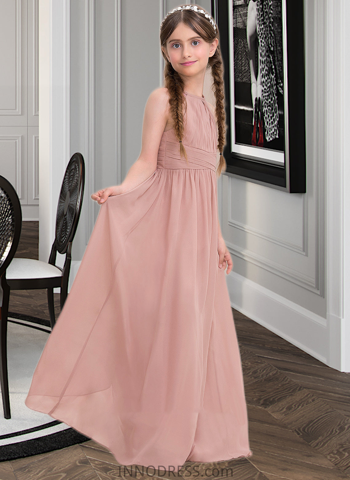 Uerica A-Line Scoop Neck Floor-Length Chiffon Junior Bridesmaid Dress With Ruffle DPP0013473