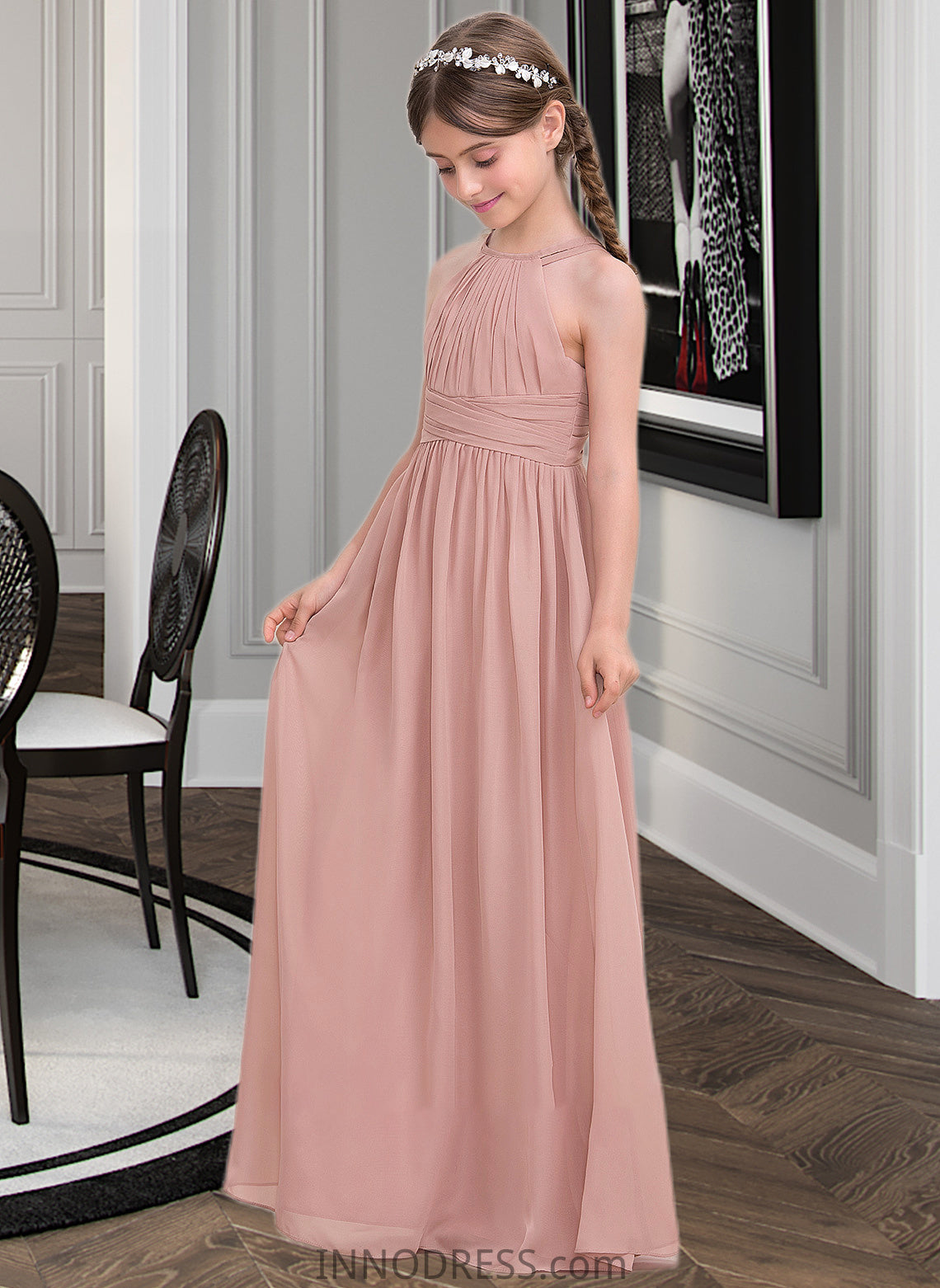 Uerica A-Line Scoop Neck Floor-Length Chiffon Junior Bridesmaid Dress With Ruffle DPP0013473