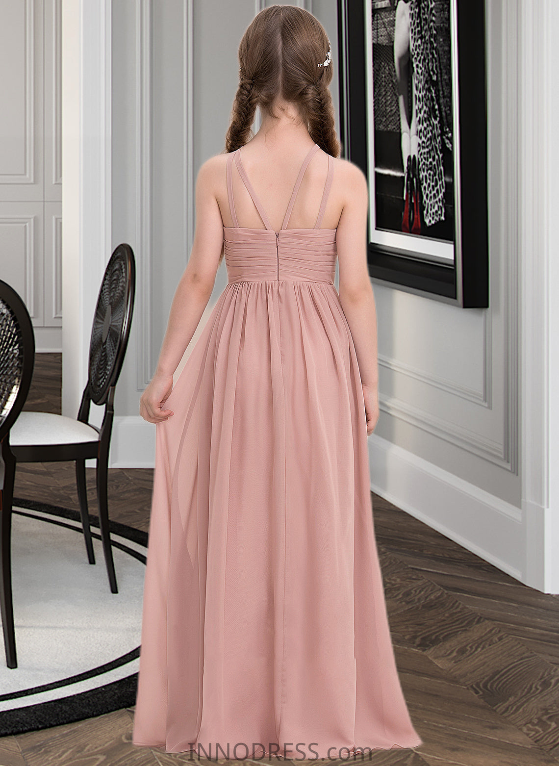 Uerica A-Line Scoop Neck Floor-Length Chiffon Junior Bridesmaid Dress With Ruffle DPP0013473