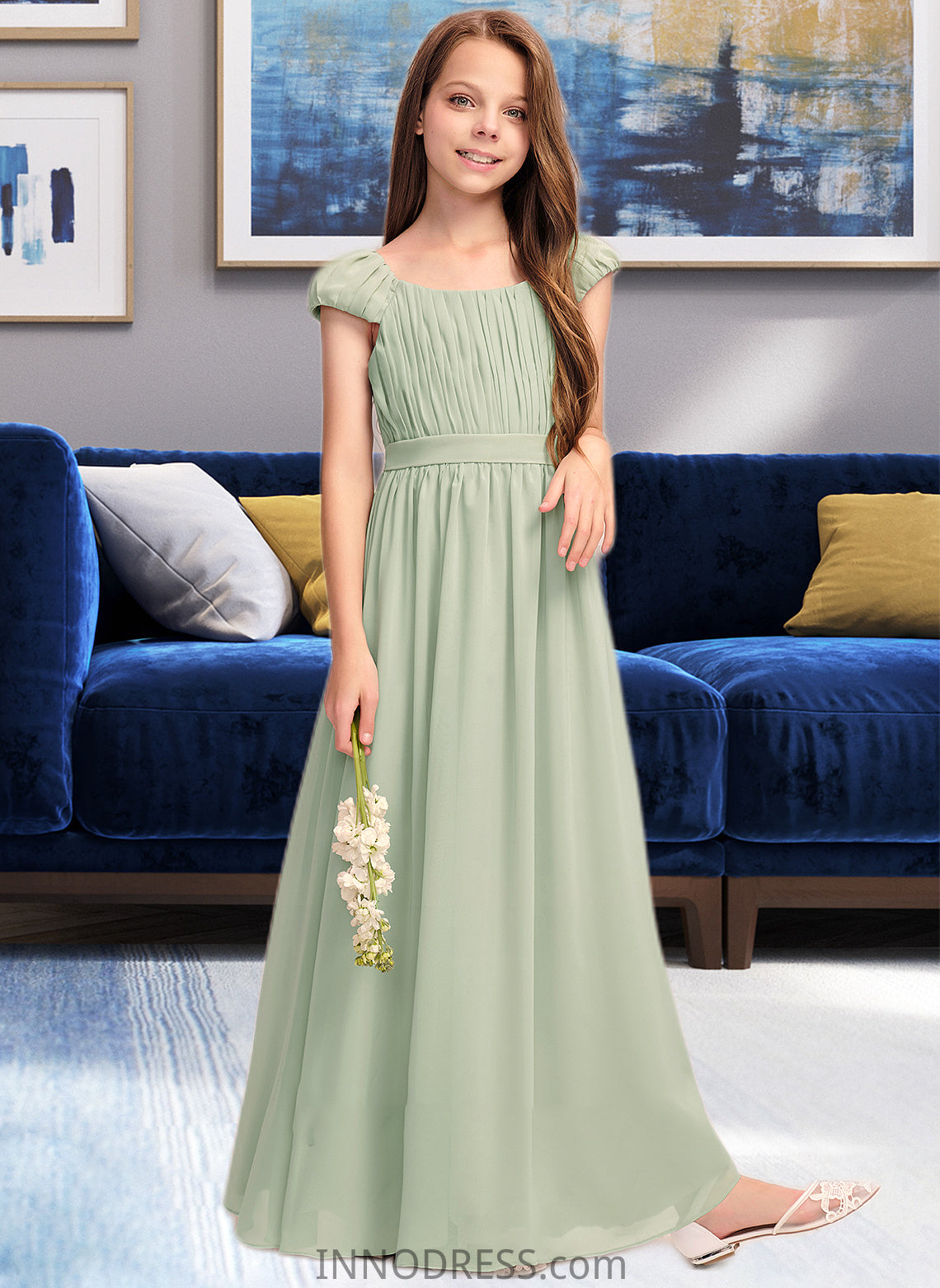 Sahna A-Line Scoop Neck Floor-Length Chiffon Junior Bridesmaid Dress With Ruffle Bow(s) DPP0013474