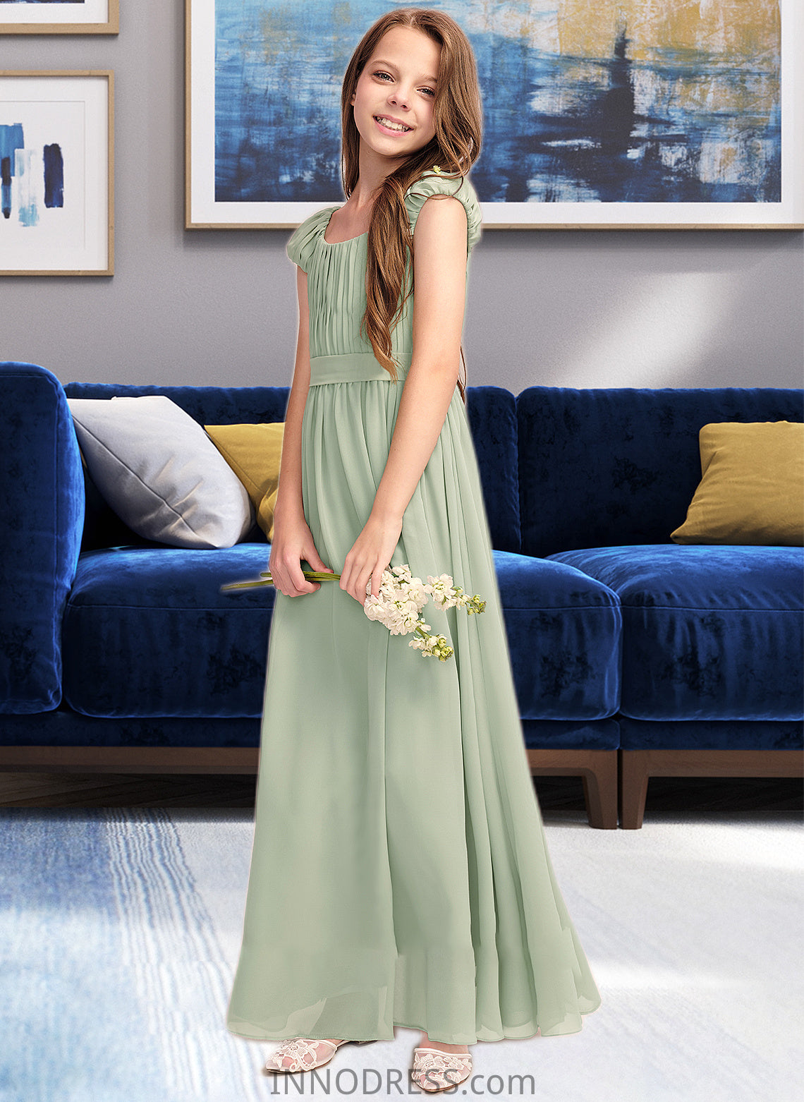 Sahna A-Line Scoop Neck Floor-Length Chiffon Junior Bridesmaid Dress With Ruffle Bow(s) DPP0013474