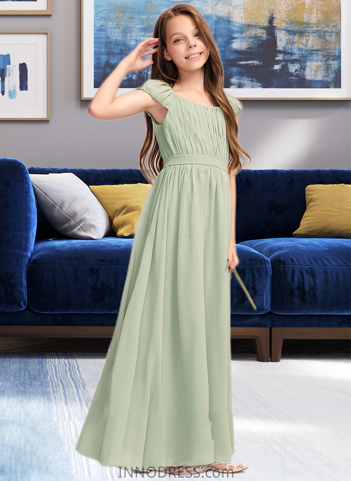 Sahna A-Line Scoop Neck Floor-Length Chiffon Junior Bridesmaid Dress With Ruffle Bow(s) DPP0013474